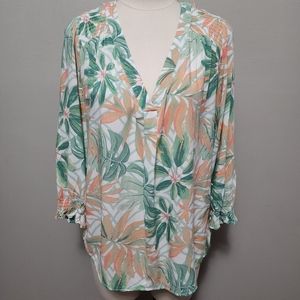 Cynthia Rowly tropical smocked ¾ sleeve popover blouse size large